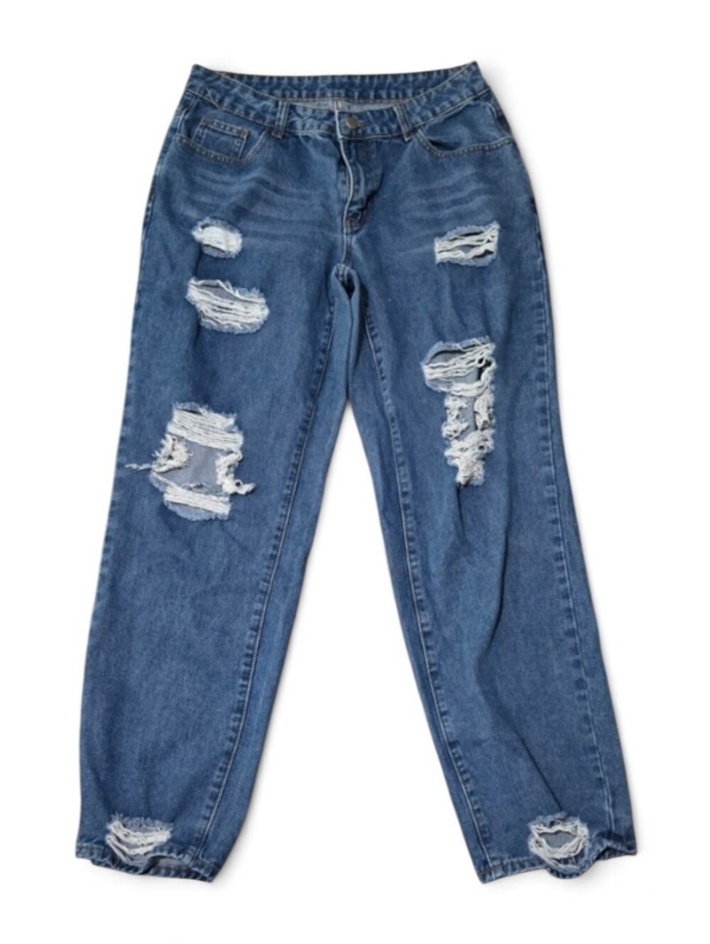 SHEIN Distressed Boyfriend Jeans Women's Large Blue Mid Rise Relaxed Fit Ripped
